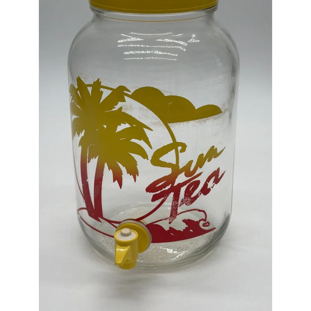 Vintage Sun Tea Glass Beverage Dispenser Palm Tree Tropical Retro 1 Gallon Jar